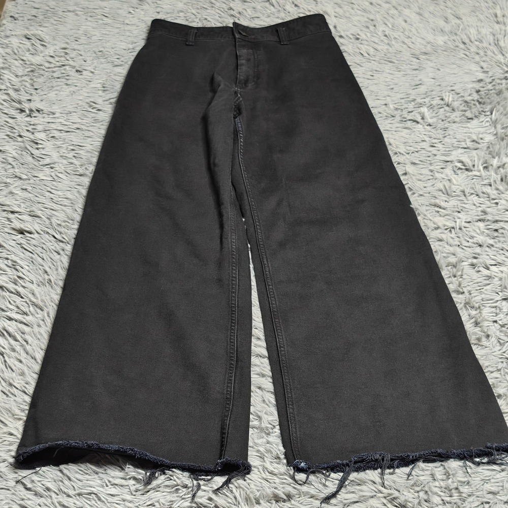 Zara Black Wide Leg Jeans Womens Size 8 Raw Cut Fringe Hem Ankle Length Denim